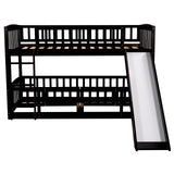 Twin Over Twin Bunk Bed with Slide for Kids, Low Bunk Bed Frame with Convertible Ladder & Detachable Fence, Solid Pine Wood Structure for Bedroom, Espresso Merax