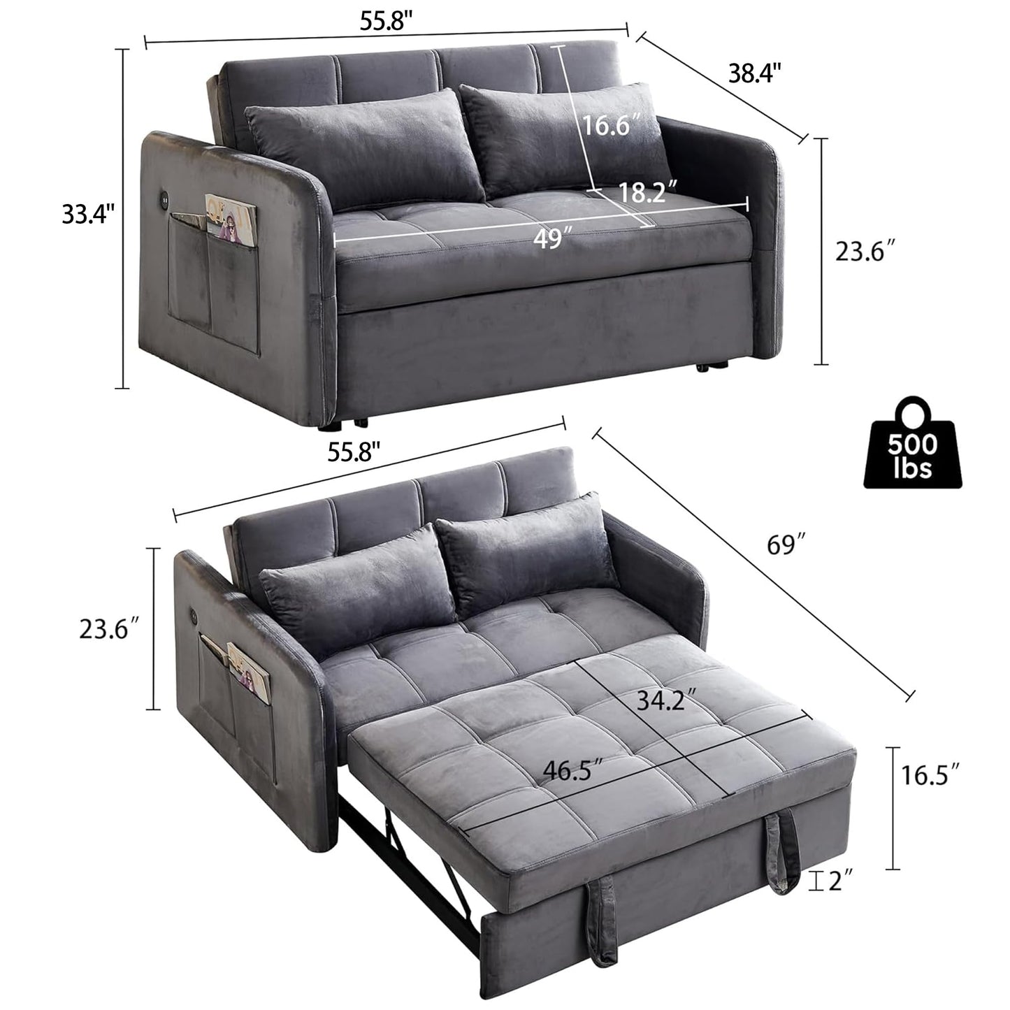 SumKea Sleeper Sofa Couch Bed, 55.8'' Convertible Pull Out Bed Couches with USB, 3 in 1 Velvet Fabric Futon Loveseat, Pillows, Pockets for Living Room Apartment, Gray