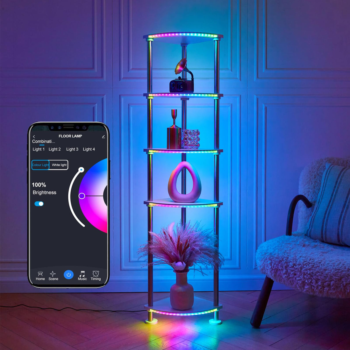 HOPEDAMAI Floor Lamp with Shelves Height Adjustable RGB Floor Lamp with Music Sync LED Corner Floor Lamp with Charging Stationl Dimmable and Timing Standing Lamp for Bedroom White 5-Tier HOPEDAMAI