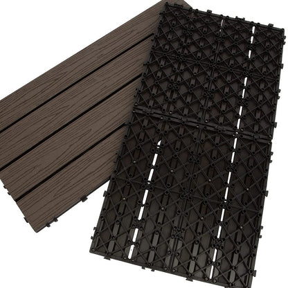 famobay Wood Plastic Composite Patio Deck Tiles (12" x 24", 10 PCs，Textured Espresso),DIY Interlocking Decking Tiles, Floor Tile,Durable,Easy to Install, Maintenance,Waterproof,Indoor Outdoor