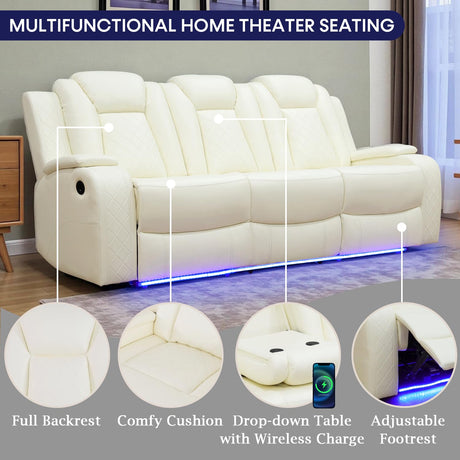 Caberryne Leather Recliner Sofa Set with LED Lights,Power Reclining Sofa and Loveseat Set with USB Port/Cup Holder for Living Room/House/Home Theater(2 Piece Set,Creamy) Caberryne