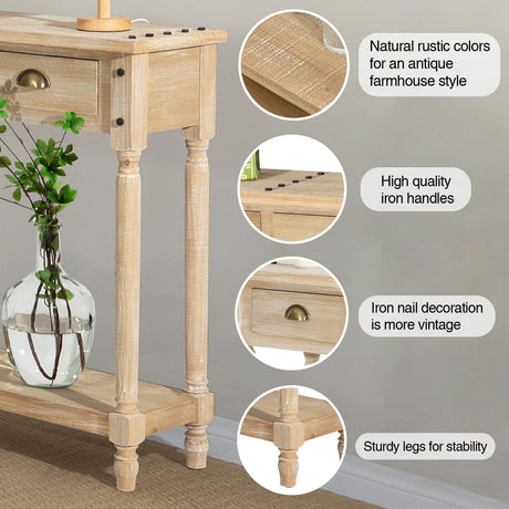 Wnutrees Farmhouse Console Table with 4 Drawers, 60" Long Narrow Boho Sofa Foyer Table with Large Storage Space, Solid Wood Frame and Legs for Wnutrees