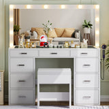 Likein Vanity Desk with Mirror and Lights, 47‘’ Glass Top Vanity with Power Strip, 9 Drawers Makeup Vanity with Lighted Mirror, White Vanity Set with Chair, 3 Lighting Modes Adjustable Brightness Likein