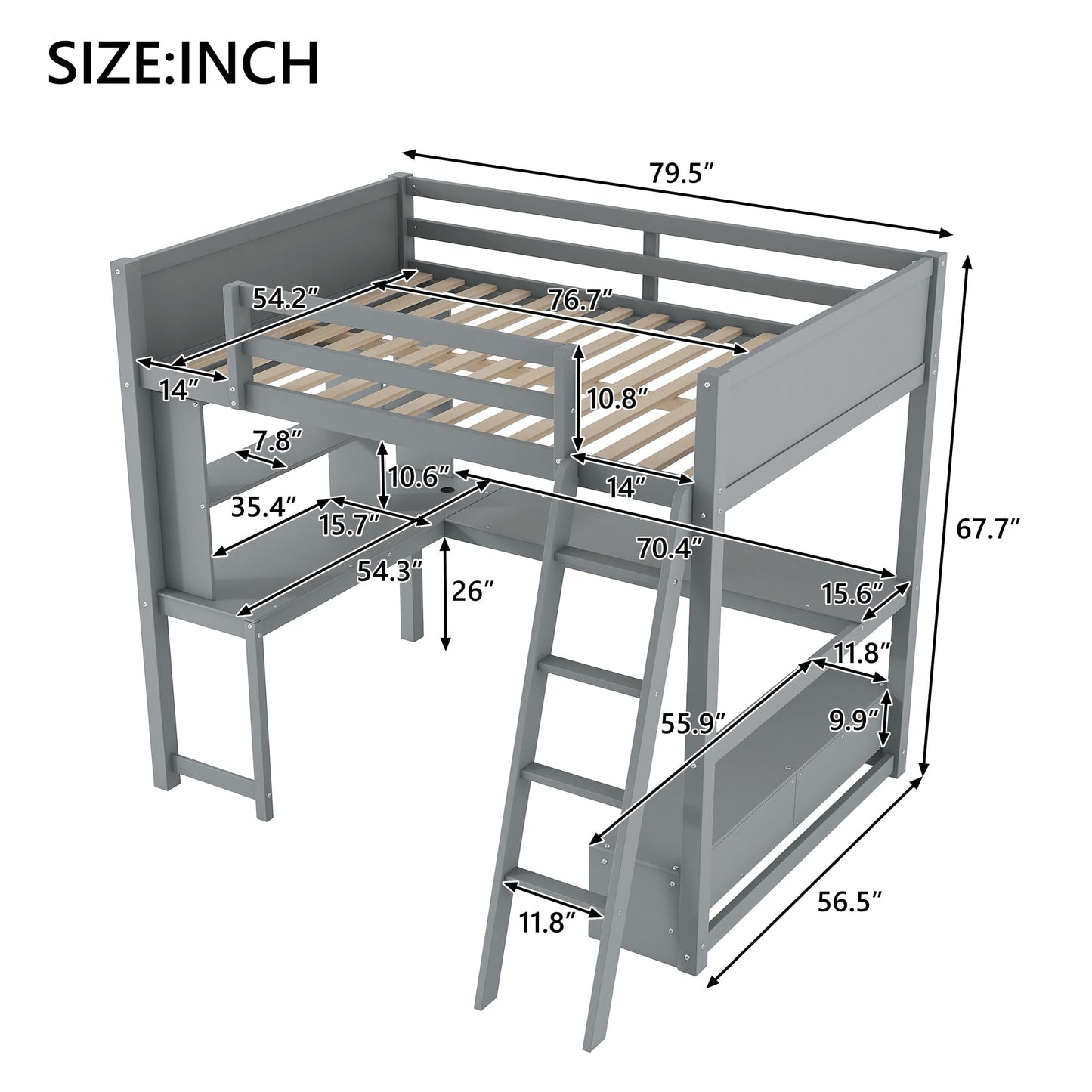 THINK 30 Full Size Loft Bed with L-Shaped Multi-Storage Desk, LED Light and USB Charging Station, Wooden Loft Bed with Storage Bench with 2 Drawers for Kids Teens Adults (Gray)