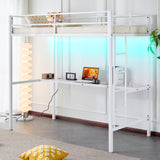 Karl home Twin Metal Loft Bed with Desk, with Power Outlet and LED Lighted, Safety Guardrail & Ladder, Space Saving, No Noise, No Box Spring Needed, White Karl home