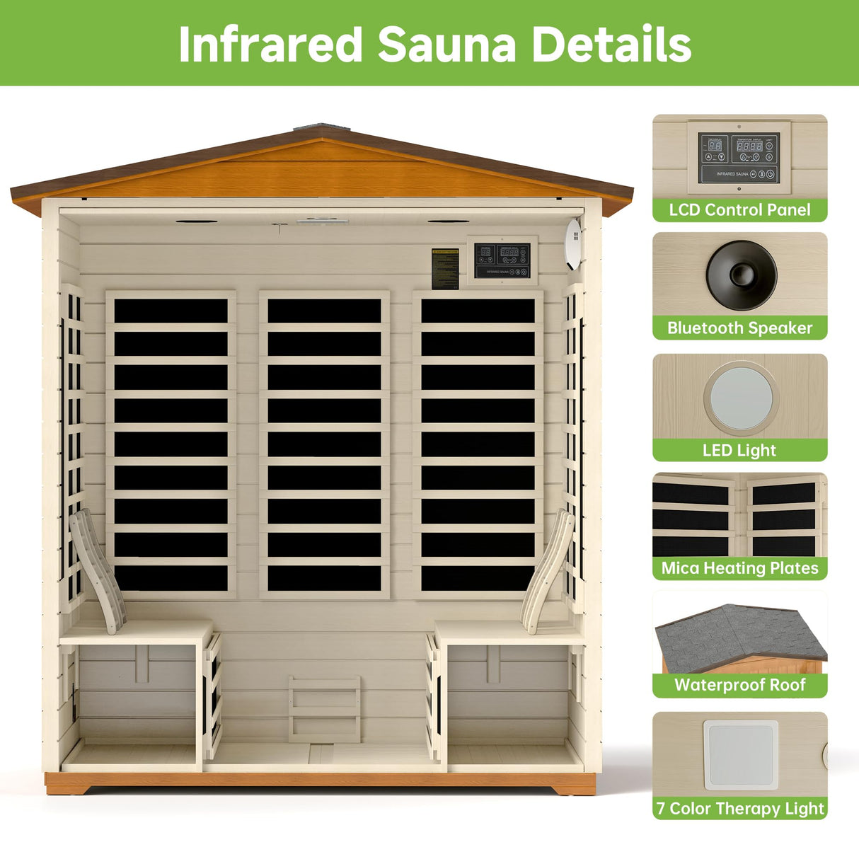 Springspa Outdoor Sauna 4 Person, Infrared Sauna for Home, Wooden Outdoor Saunas Room, 3400 Low EMF Far Infrared with Bluetooth, LCD Panel, 7 Color Chromotherapy Lamp, Reading Lamp springspa