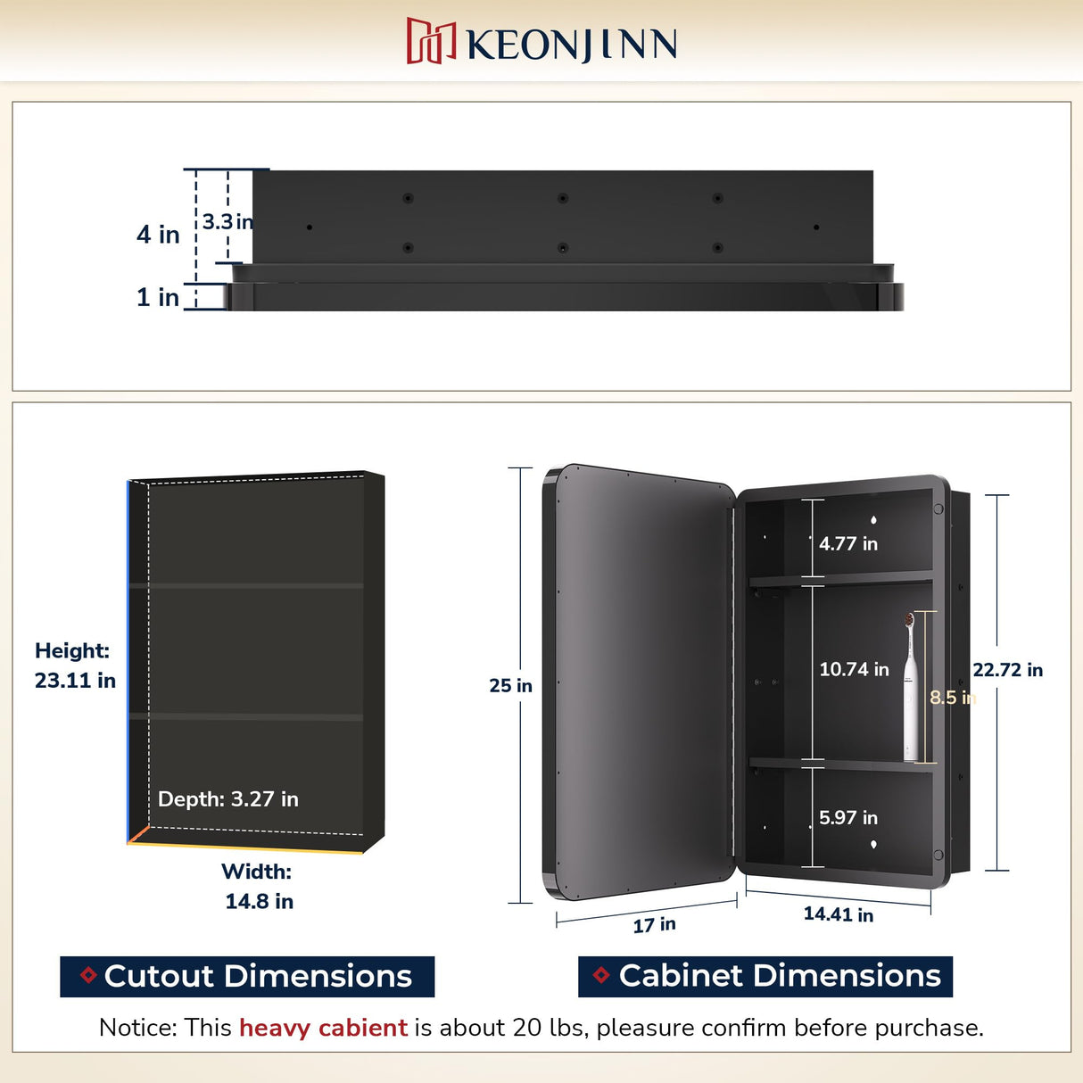 Keonjinn Black Medicine Cabinet 17 x 25 Inch, Heavy & Solid Bathroom Medicine Cabinet with Mirror, Stainless Steel Framed, Adjustable Shelves, Recessed or Wall Mount, Bathroom Mirror with Storage Keonjinn