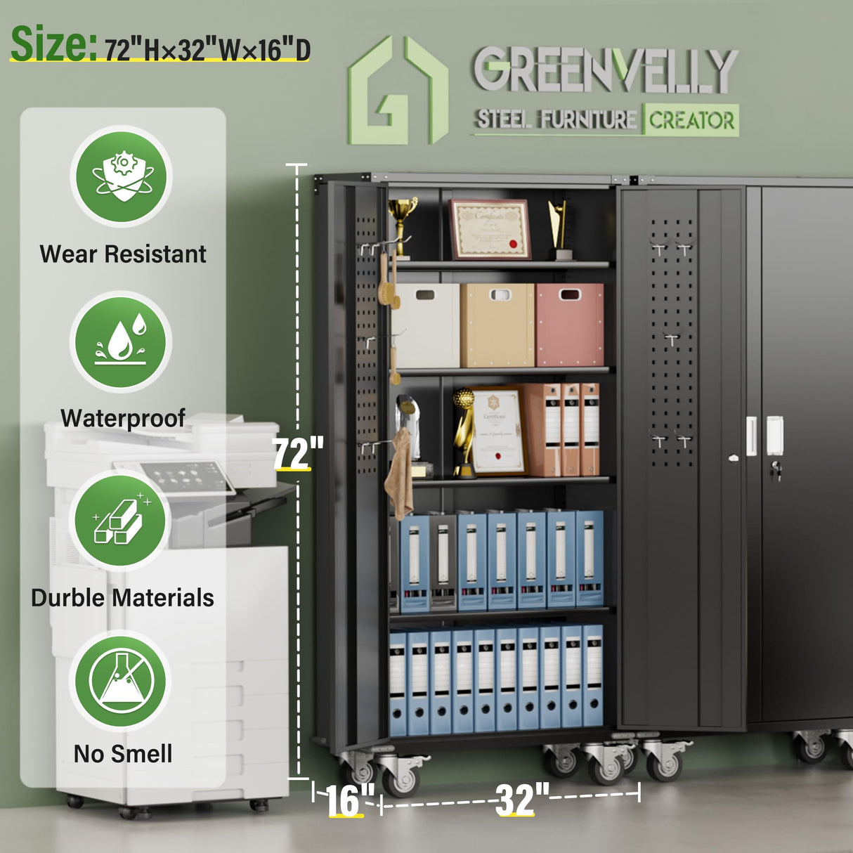 Greenvelly Metal Storage Cabinet with Wheels,72” Black Garage Storage Cabinet with Pegboards and Wheels, Rolling Tool Cabinet with Locking Doors and Shelves for Home,Basement, Kitchen Pantry,Warehouse Greenvelly