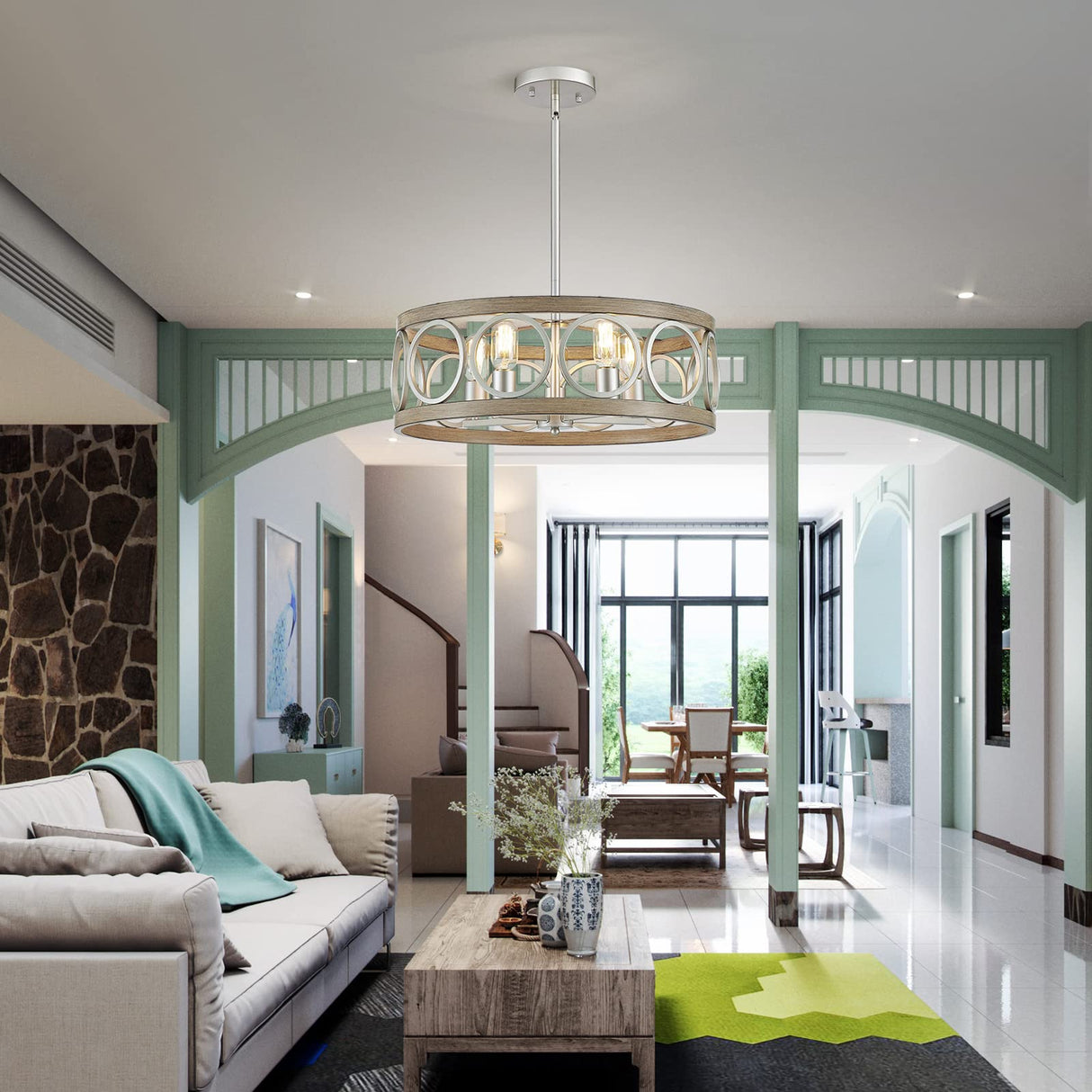 XINGQI 21.7'' Modern Farmhouse Chandelier, Drum Ceiling Light Fixture for Living Dining Room Over Table, 5 Lights Antique Wood Grain Brushed Nickel with Round Metal XINGQI