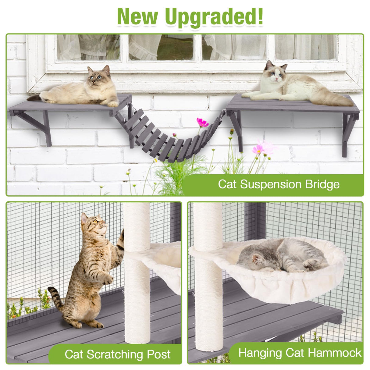 GUTINNEEN Extra-Large Catio, 104" Wall-Mounted Outdoor Cat Enclosure - Cat House Window Box Walk-in Cat Kennel Shelter with Weatherproof Roof, 2 Scratching Posts, 2 Hammocks & Bridge for 6-8 Cats GUTINNEEN
