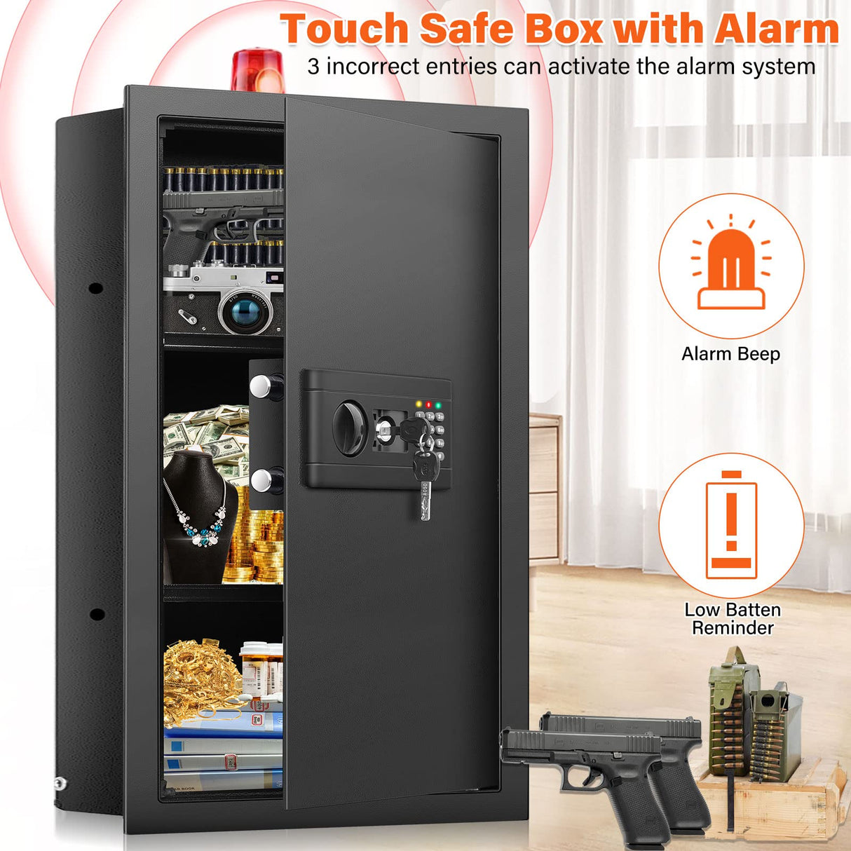 Nebakne 25.6" Tall Fireproof Wall Safes Between The Studs 16" Centers, Hidden Wall Safe with 2 Removable Shelf & Hidden Tray, Heavy Duty Wall Mount Safe for Firearms, Money, Jewelry, Passport Black Nebakne