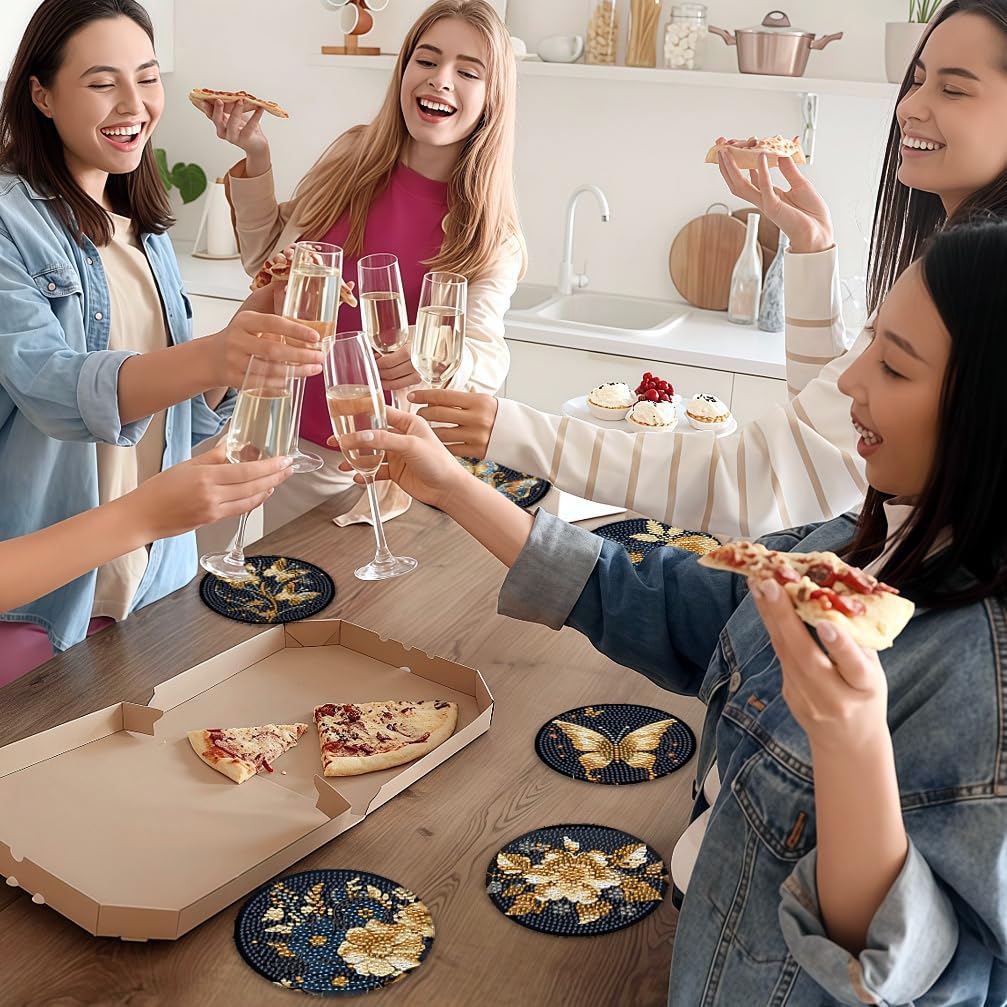 8 Pcs Butterfly Diamond Painting Coasters Kits with Holder,Diamond Art Coasters Set for Drinks Coffee Table, Gem Painting kit for Beginners Adults DIY Art Craft Gifts Black Gold Decors (Butterfly) Bulerrylulu