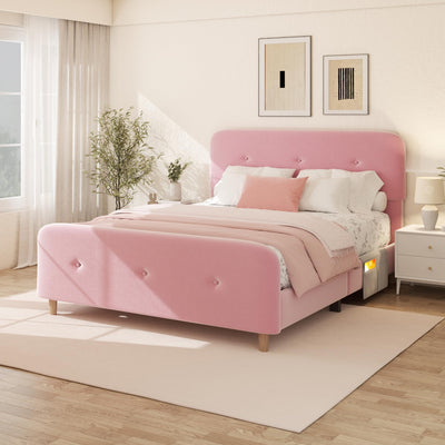 Queen Size Platform Bed Frame with Velvet Upholstered Headboard, Button Tufted Headboard and Footboard, Anti-Collision Soft Rounded Corners, No Box Spring Needed, Easy Assembly, Pink