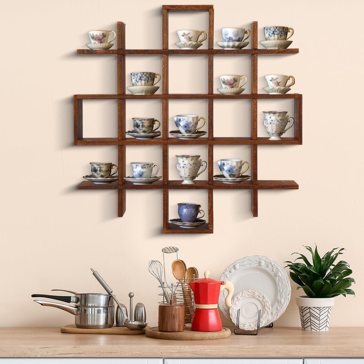 Suzile Oversize Tea Cup and Saucer Display Rack Rustic Brown Wooden Display Shelves Rustic Wooden Floating Curio Shelf Travel Wall Mounted Tea Cup and Saucer Rack Holder Shadow Box Shelf Suzile