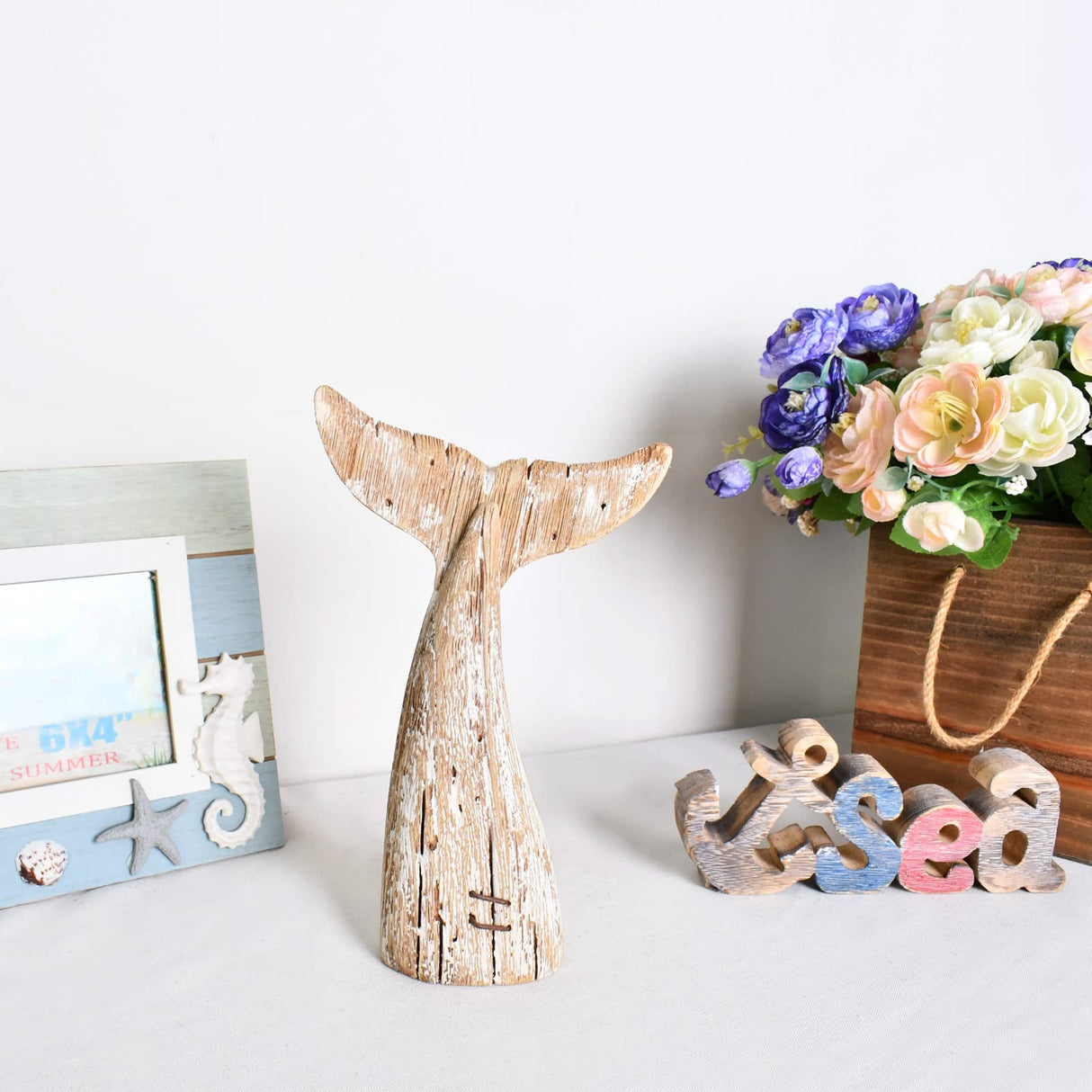 Morning View Wooden Whale Tail Decor Rustic Nautical Decor Free Standing Wood Whale Tail Statue Whale Tail Figurine Tabletop Beach House Decor Coastal Decor Ocean Sea Home Decor 8.5 Inch High (Small) Morning View