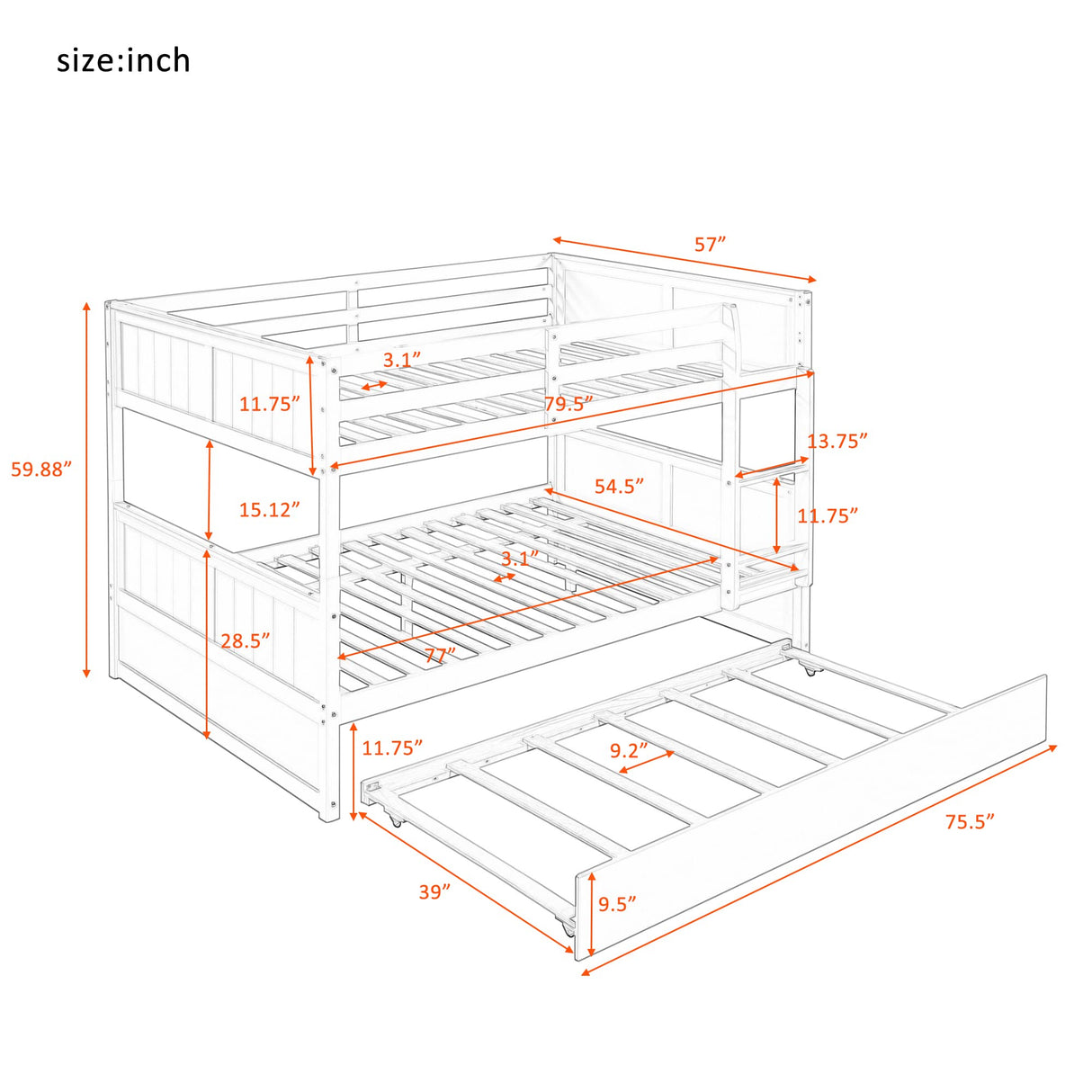 Harper & Bright Designs Full Over Full Bunk Bed with Trundle, Solid Wood Bunk Beds with Safety Guard Rail and Ladder, Can be Separated to 2 Full Size Beds, for Kids, Teens and Adults (Gray) Harper & Bright Designs