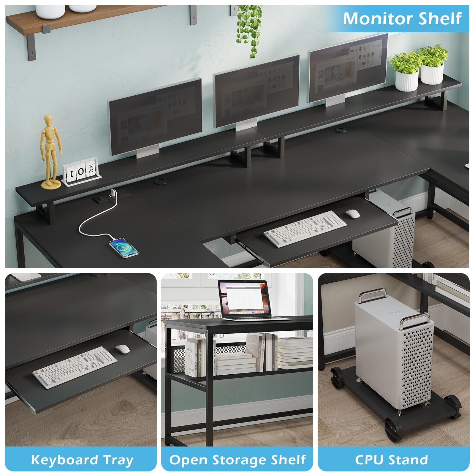 SEDETA U Shaped Desk, Reversible L Shaped Home Office Desk with File Drawer & Power Outlet, 101.5'' Computer Two Person Desk with Monitor Shelf, Keyboard Tray, Gaming Desk, Black - WoodArtSupply