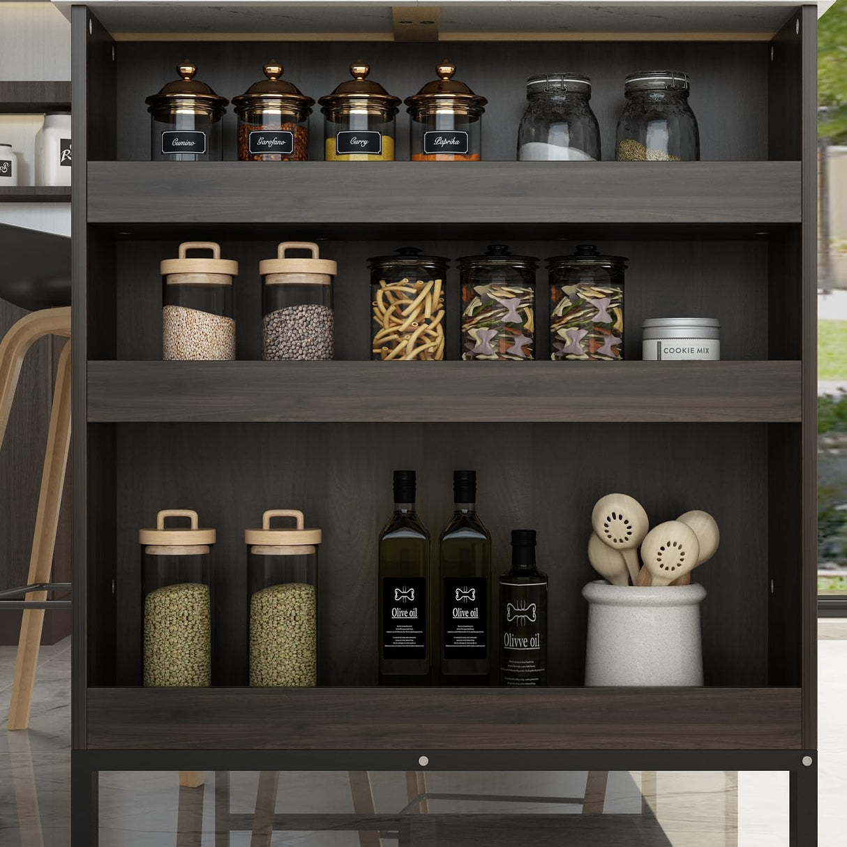 AIEGLE Kitchen Island with Storage Cabinet, Stationary Kitchen Table with 6 Open Shelves & 2 Drawers, Dining Table & Kitchen Prep Table with Marble Grain Tabletop for Dining Room, Dark Brown AIEGLE