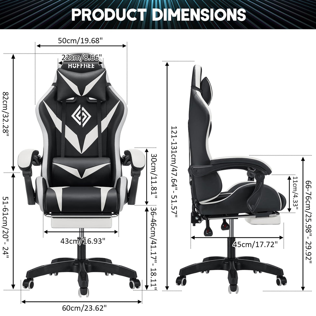 HOFFREE Gaming Chair with Massage and LED Lights Ergonomic Video Game Chairs with Footrest High Back Reclining Computer Chair with Adjustable Lumbar Support White and Black HOFFREE