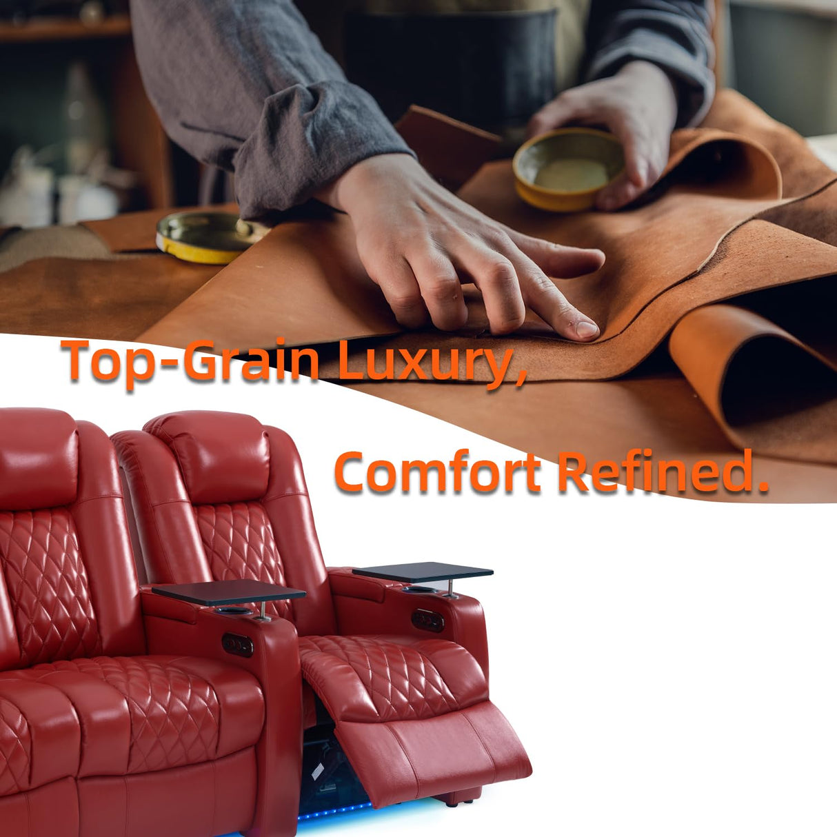 comfiroom Home Theater Seating Classic Series Top Grain Leather Loveseat Recliner Chair Dual Power Movie Theater Chairs Gaming Sofa Electric Headrest with Tray Table (Red, Row of 2 Loveseat) comfiroom