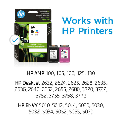 HP 65 Black/Tri-color Ink Cartridges (2-pack) | Works with HP AMP 100 Series, HP DeskJet 2600, 3700 Series, HP ENVY 5000 Series | Eligible for Instant Ink | T0A36AN