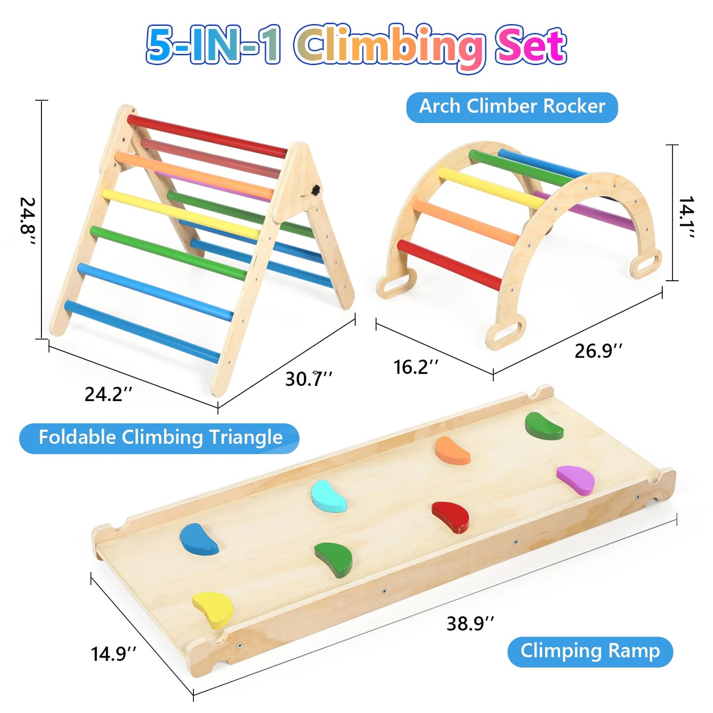 Hoohtoot 5 in 1 Climbing Toys for Toddlers Inside: Rainbow Pikler Triangle Set with Climber Arch Slide Ramp - Pickler-3 Piece Climbing Gym Montessori Wooden Toys Birthday Gifts for Boys Girls