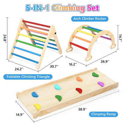 Hoohtoot 5 in 1 Climbing Toys for Toddlers Inside: Rainbow Pikler Triangle Set with Climber Arch Slide Ramp - Pickler-3 Piece Climbing Gym Montessori Wooden Toys Birthday Gifts for Boys Girls