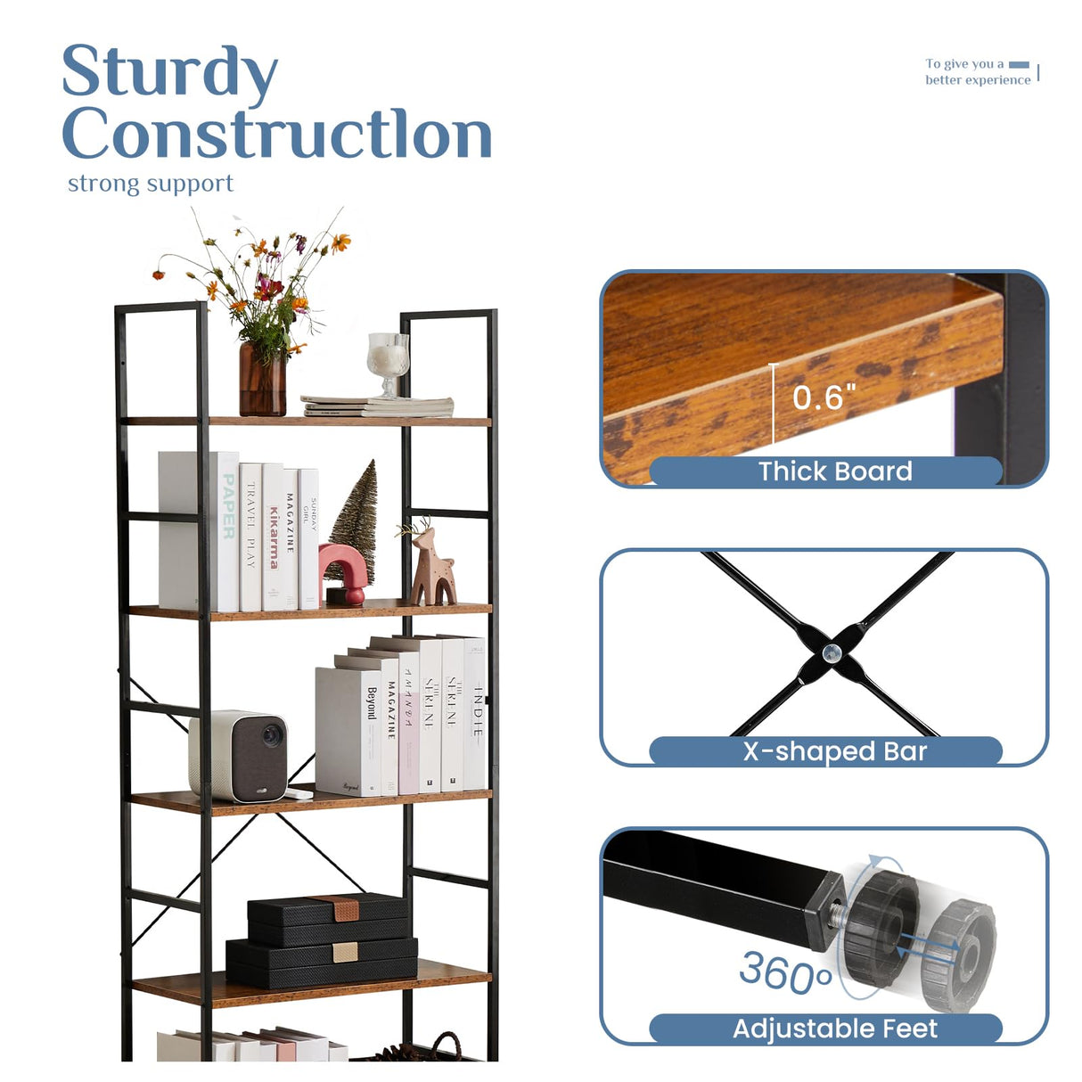 DUMOS Rustic Brown 5-Tier Tall Bookshelf - Industrial Storage Organizer for Home & Office DUMOS