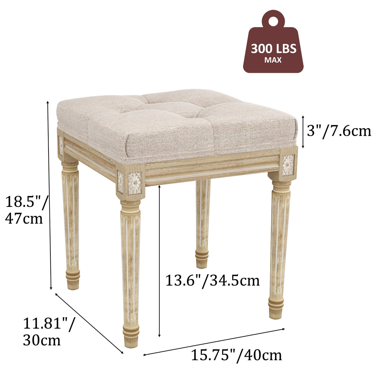 Yusong Vanity Stool Upholstered Bench Seat for Makeup Room, Vintage Small Bedroom Bench Dining Bench with Tufted Fabric for Living Room, Piano Stool with Rustic Wood, Easy Assemble,Beige Yusong