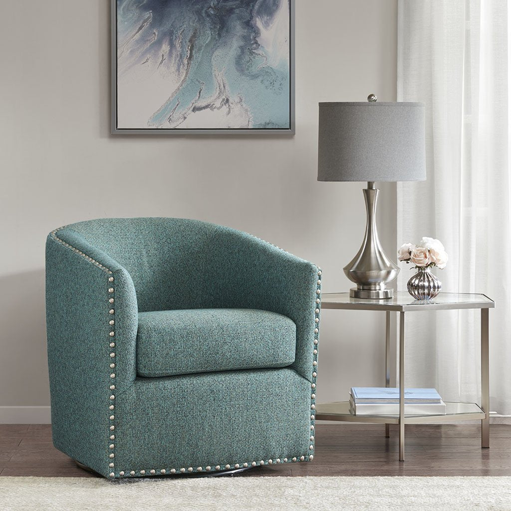 Madison Park Swivel Barrel Accent Chair, Upholstered Curved Back with 7-Inch Thick Woven Cushion, 360° Swivel, Nailhead Trim, Comfy Chair for Living Room, Bedroom, Office, 28" Wide, Teal, Tyler Madison Park