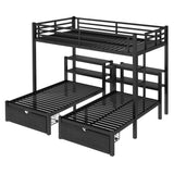 Heavy Duty Triple Bunk Bed with Storage Drawers, Shelves, Triple Bed with Charging Station, Full XL Over Twin Over Twin Triple Bunk for Kids, Teens, Black Triple Bunk Bed Bellemave