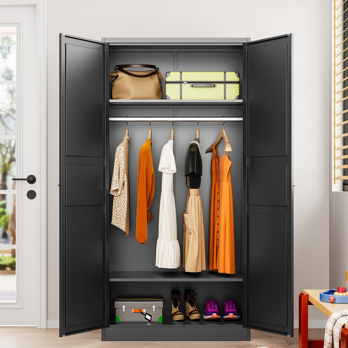 SISESOL Metal Wardrobe Cabinet with Hanging Rod,Black Armoire Wardrobe Closet,Metal Clothing Storage Cabinet with Adjustable Shelves and Doors,72" Cloth Storage Cabinets for Home,Living/Laundry Room SISESOL