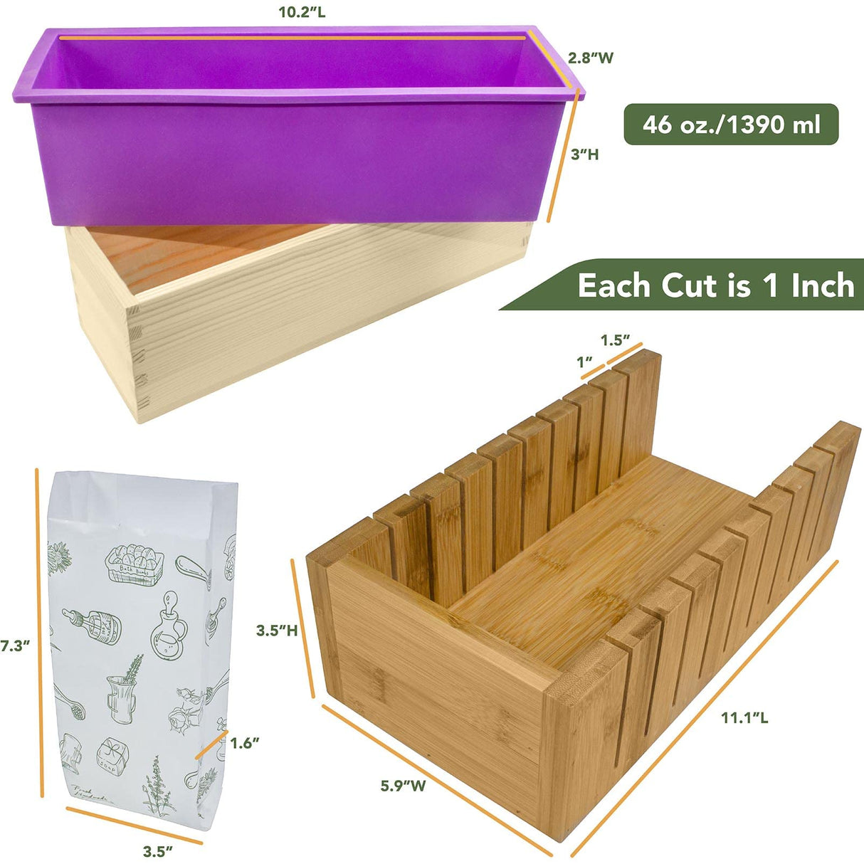 Soap Mold Making Kit with Wooden Cutter Soap Molds Silicone 46oz Purple | Melt and Pour or Cold Process, 50pc Soap Packaging Paper Bags and Slicer | Gift for Wife Women Housewife Soaper Hepgodin