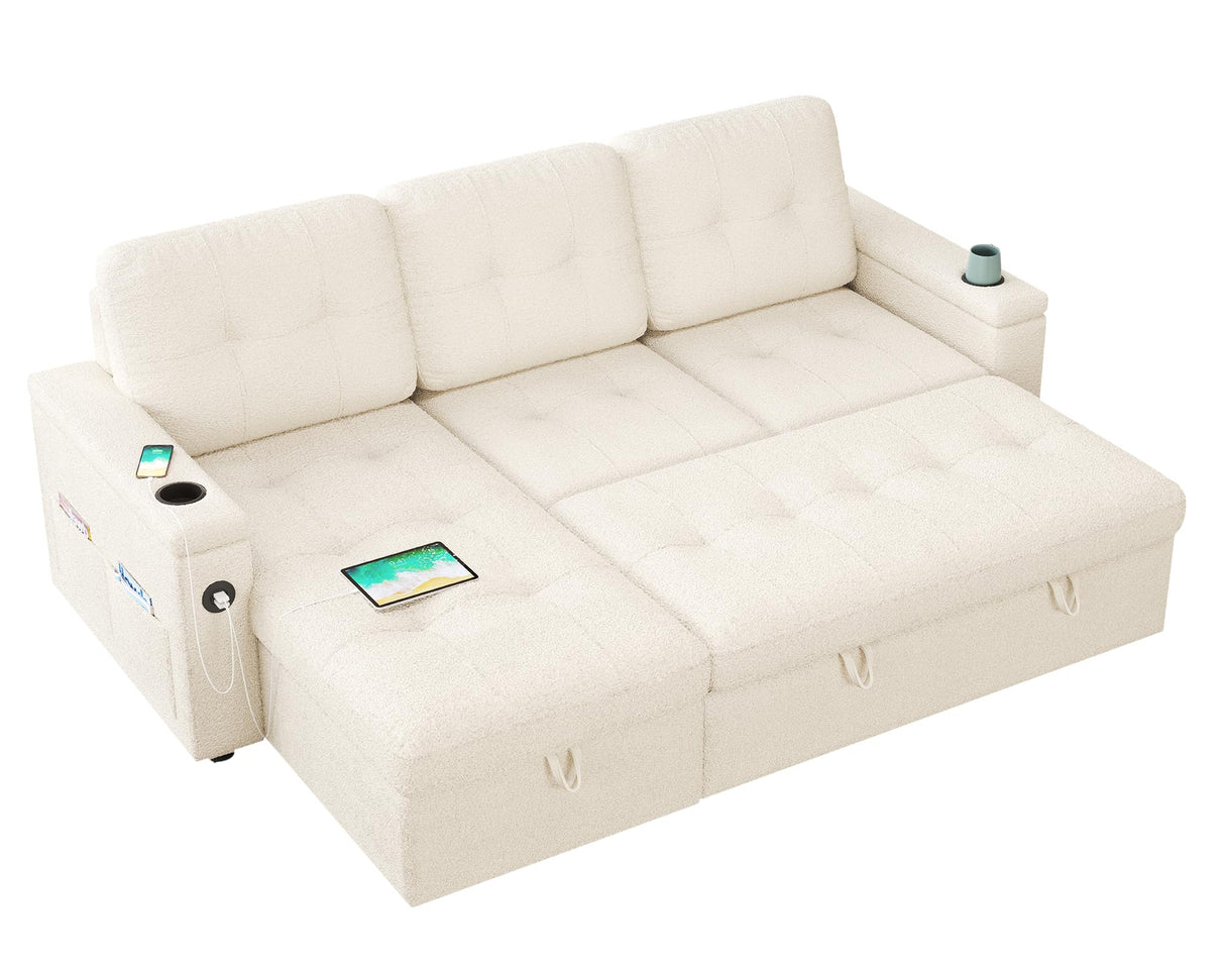 PaPaJet 84 Inch Pull Out Couch, Sleeper Sofa with Storage Chaise, Tufted L Shape Convertible Couch with 2 USB & Cup Holders, Boucle White PaPaJet