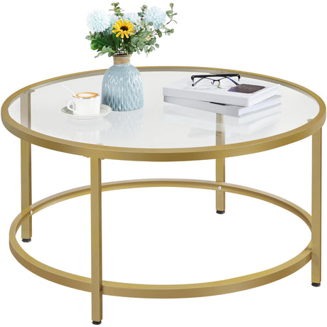 Yaheetech Gold Glass Coffee Table for Living Room, 36" Round Glass Coffee Table with Metal Frame, Circle Coffee Table for Home, Office, Apartment Yaheetech