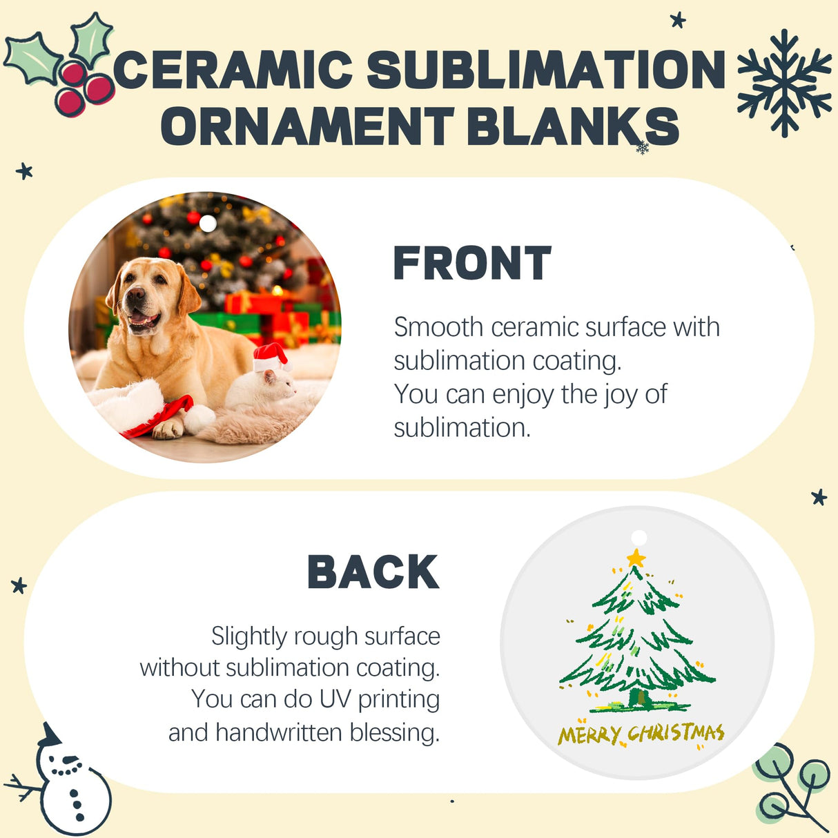 Joyclub 12 PCS 3'' Sublimation Ornament Blanks Ceramic Sublimation Christmas Ornaments Bulk Round White Ornaments for Personalized Xmas Tree Ornament Home Decor DIY Crafts Joyclub