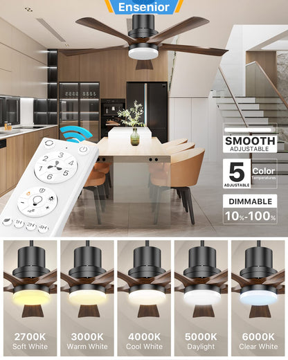 Ensenior 52” Ceiling Fan with Light Remote Control, 5CCT selectable, Dimmable, 1200 Lumens, 18W LED, 5 Wood Blades and Reversible DC Motor, for Bedroom and Living Room, Black, (428) - WoodArtSupply