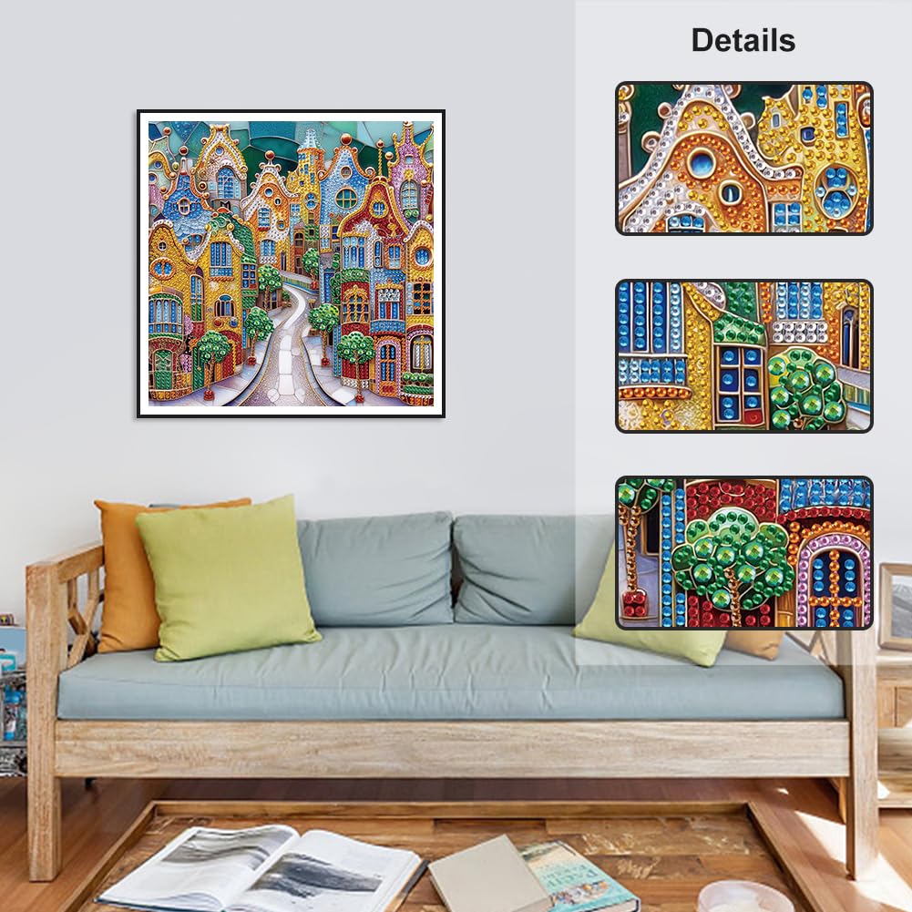 Stalente Diamond Painting Kits for Adults City House, 5D Special Shape Diamond Art Kits for Beginners, Crystal Rhinestones Diamond Painting for Home Wall Decoration Gift 12×12inch, Street Landscape Stalente