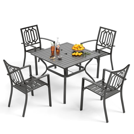 PHI VILLA 5-Piece Metal Patio Outdoor Table and Chairs Outdoor Dining Set - 37" Square Patio Table w/1.57" Umbrella Hole and 4 Backyard Garden Stackable Dining Chairs, Black PHI VILLA