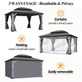 GARTOO 12' x 16' Outdoor Wood Gazebo - Permanent Wooden Hardtop Gazebo Pavilion with Double Curtains, Galvanized Steel Roof Cedar Wood Gazebos for Garden, Lawn, Poolside, Backyard Deck GARTOO