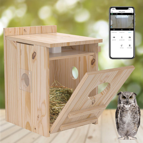 Solar-Powered Smart Owl House with Camera - Outdoor Hanging Wooden Nesting Box, Real-Time View & Motion Detection, for Garden for 2.4g WiFi Coverage Area, for Owl Lovers WISDOMRAINBOW