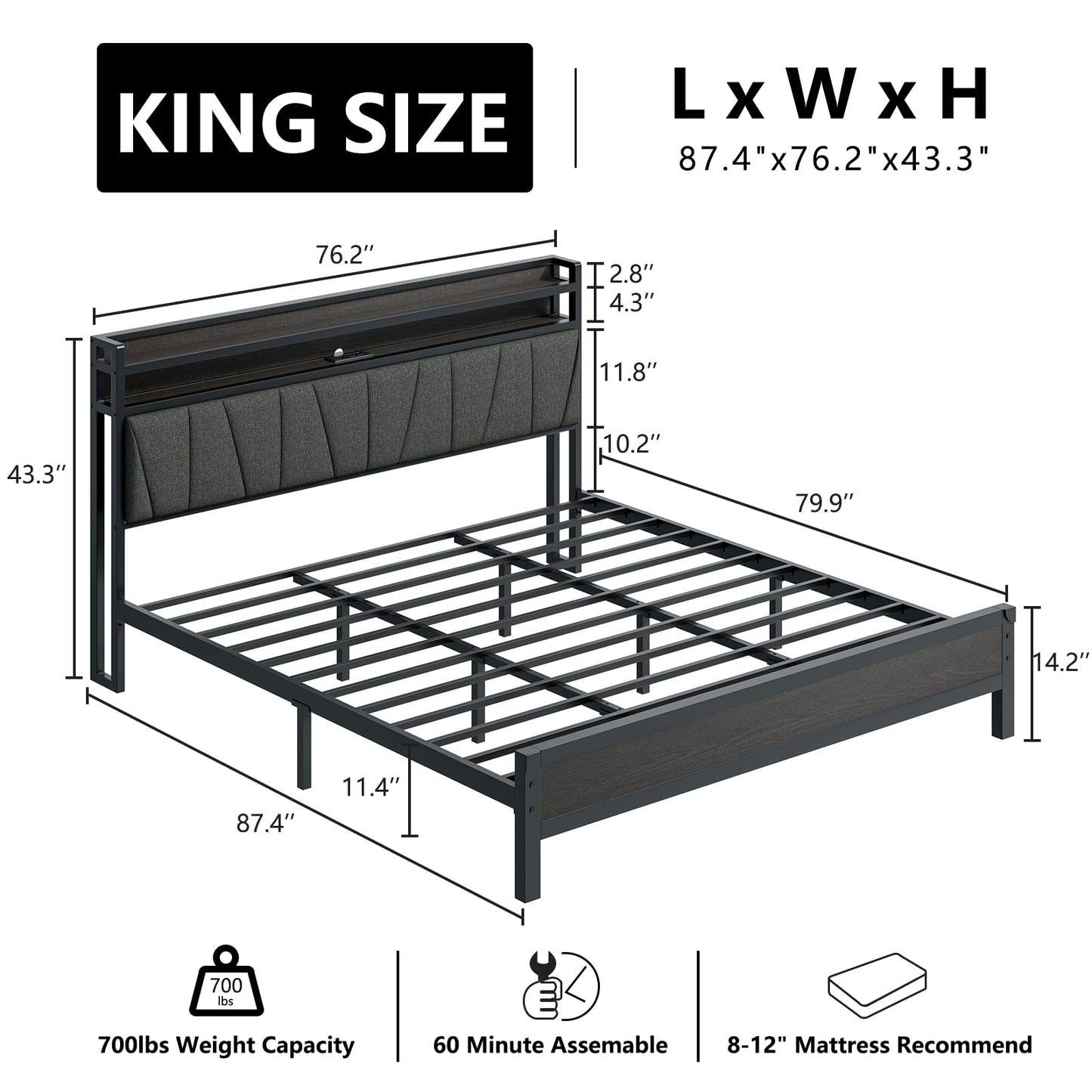 LUXOAK King Size Bed Frame with LED Lights, Charging Station & Upholstered Headboard in Black - WoodArtSupply