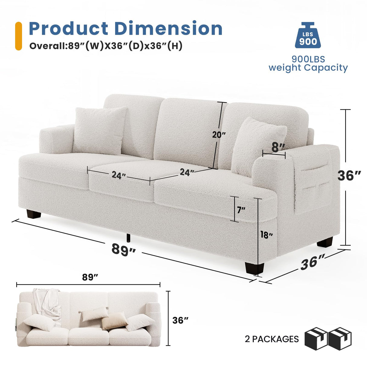 KKL Deep Seat Sofa 89 Inch with Throw Pillow, Modern Sofa, Couches for Living Room, Comfy Sofa, Sleeper Couch, Bouclé, Offwhite KKL