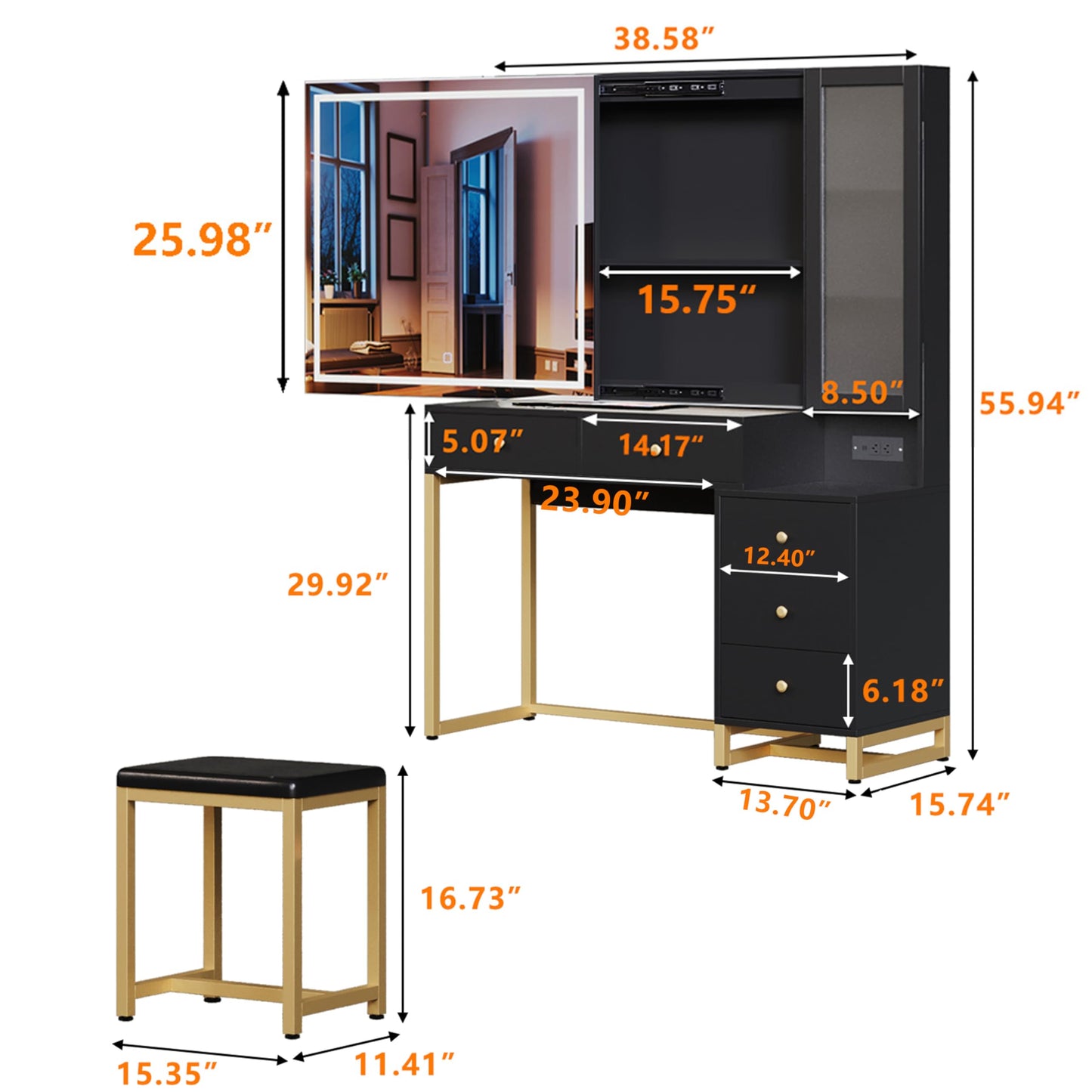 GLAUBIO Vanity Desk with Mirror and LED Lights, Makeup Vanity Desk with Sliding Lighted Mirror, Charging Station,Makeup Dressing Table with 5 Drawers, Storage Shelves & Vanity Stool for Bedro - WoodArtSupply