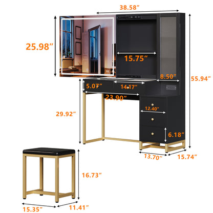 GLAUBIO Vanity Desk with Mirror and LED Lights, Makeup Vanity Desk with Sliding Lighted Mirror, Charging Station,Makeup Dressing Table with 5 Drawers, Storage Shelves & Vanity Stool for Bedro - WoodArtSupply