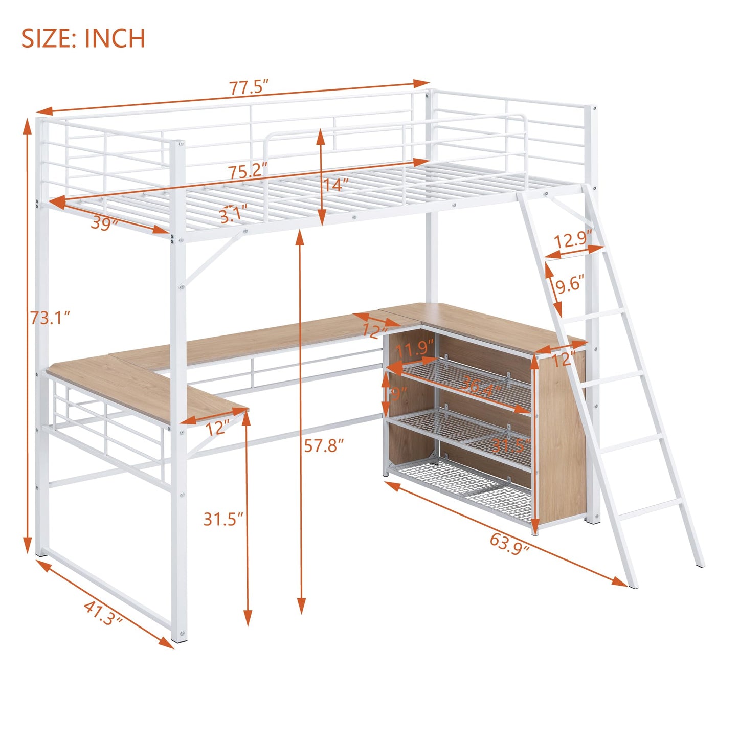 Metal Twin Size Loft Bed with L-Shaped Desk,Heavy Duty Loft Bed with 3 Tier Shelves for Kids Teens Adults,Loft Bed Twin Size with Storage, High Loft Bed Frame, Space Saving,White