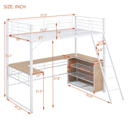 Metal Twin Size Loft Bed with L-Shaped Desk,Heavy Duty Loft Bed with 3 Tier Shelves for Kids Teens Adults,Loft Bed Twin Size with Storage, High Loft Bed Frame, Space Saving,White