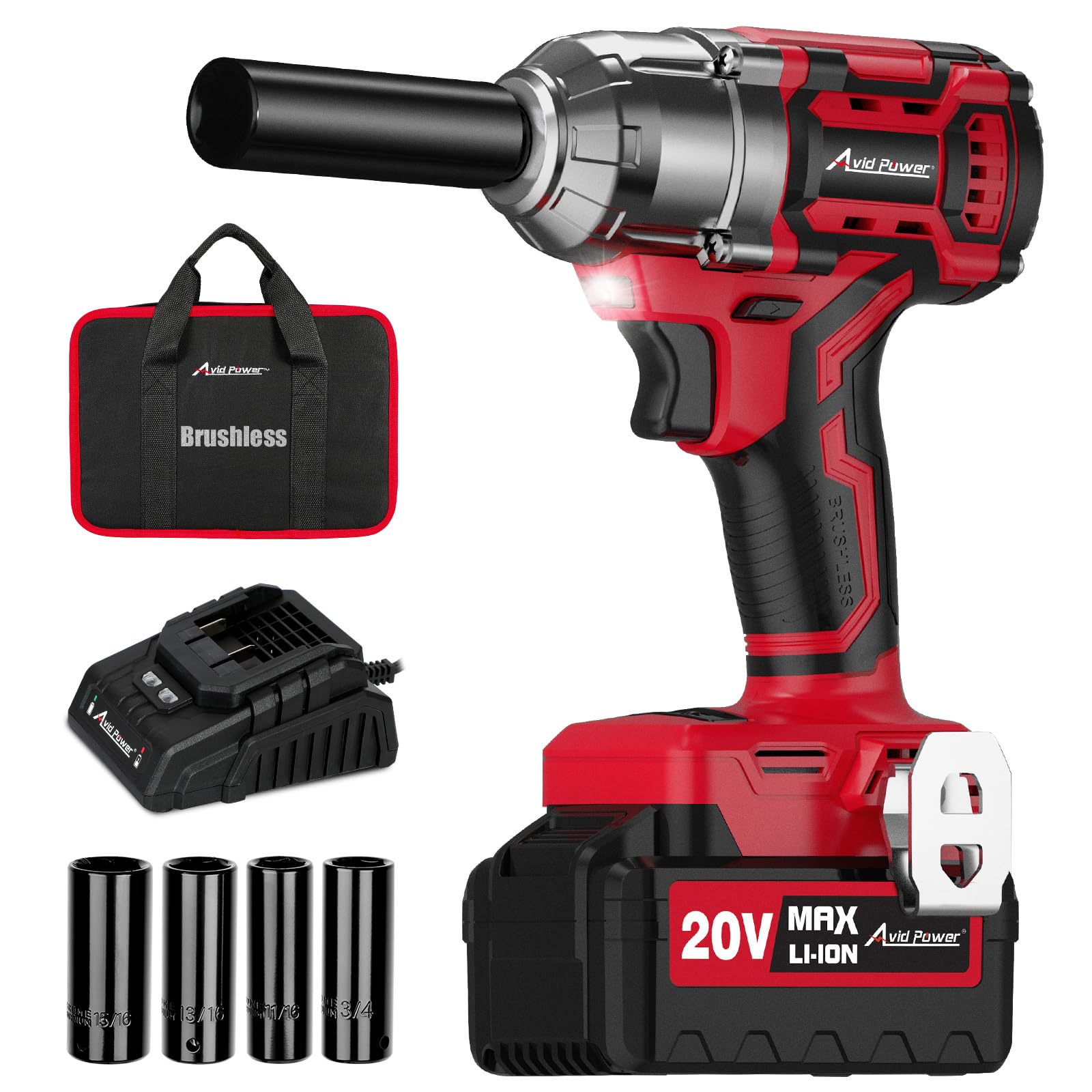 AVID POWER 1/2 Impact Wrench Brushless, 20V Cordless Impact Gun w/ 3 Variable Speeds, Max Torque 370ft-lbs (500N.m), 3.0Ah Li-ion Battery, 4Pcs Impact Sockets, Fast Charger - WoodArtSupply