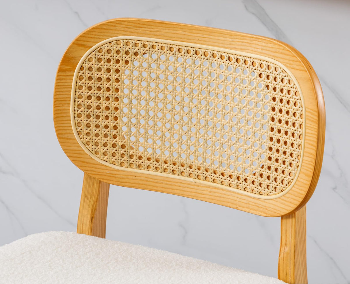 EALSON Counter Height Bar Stools Set of 2 Rattan Back Farmhouse Barstools Mid Century Modern Wood Bar Chairs Comfortable Sherpa Upholstered Kitchen Island Chairs for Pub/Breakfast Bar, Beige EALSON