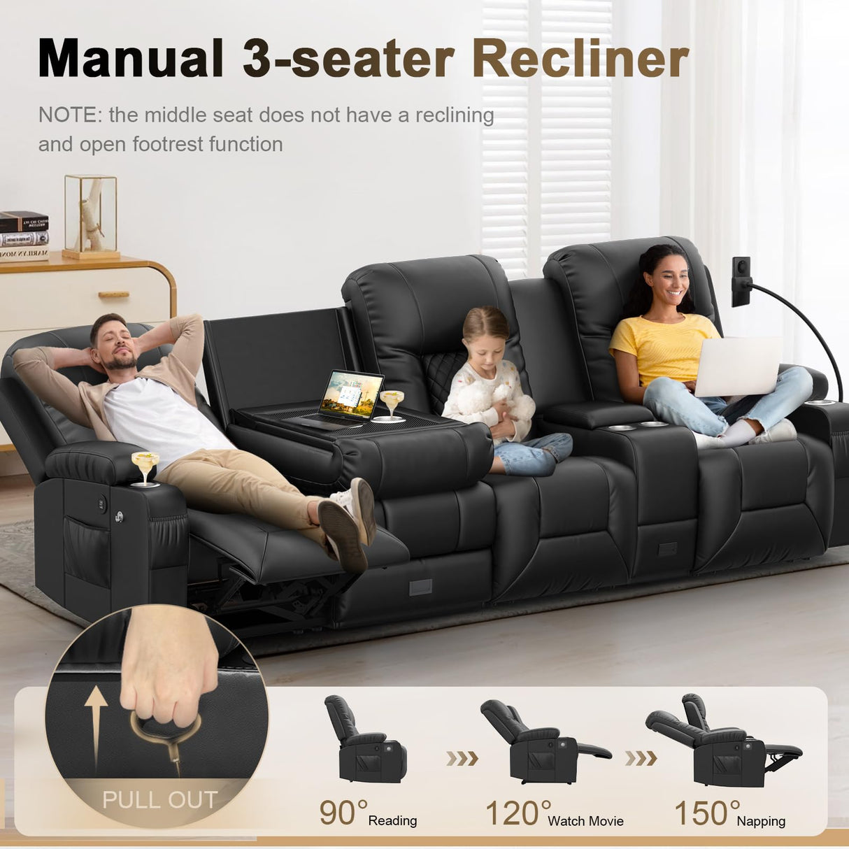 YONISEE 4 Seat Recliner Sofa with Flip Backrest Design, Loveseat Reclining Sofa with Storage Console, Drawer, USB Ports, 2 Cell Phone Holder, Loveseat Recliner Couch for Living Room (Black) YONISEE